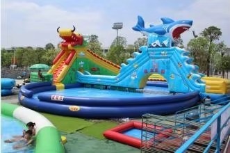 14*18m Inflatable Water Park with 1200w Blower and 1-20 People Capacity Dragon Shark Slide and Large Swimming Pool